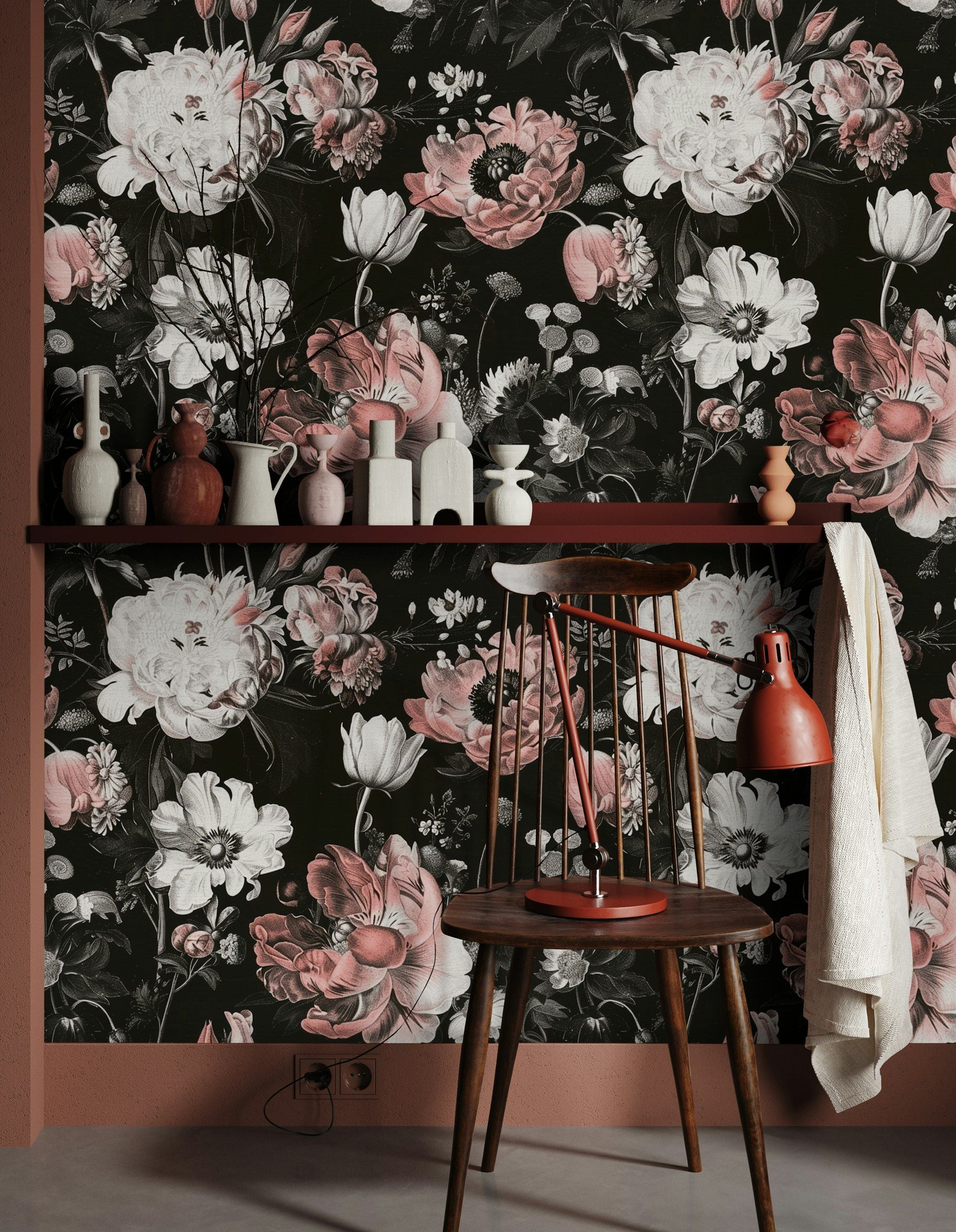 Vintage Black and Pink Large Floral Wallpaper