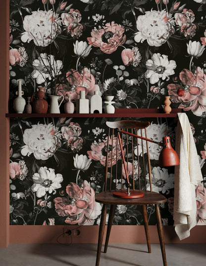 Vintage Black and Pink Large Floral Wallpaper