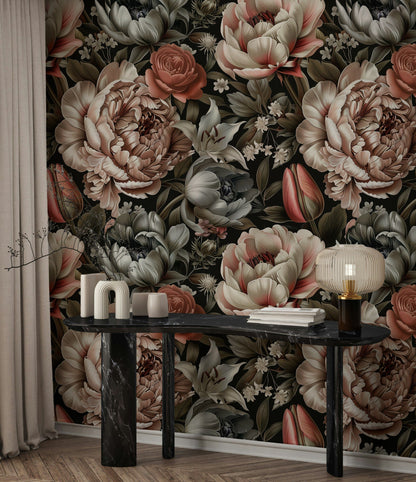 Black Background Blush Peony Floral Wallpaper