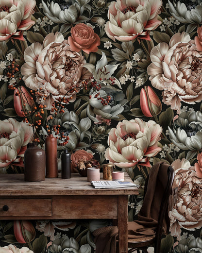 Black Background Blush Peony Floral Wallpaper