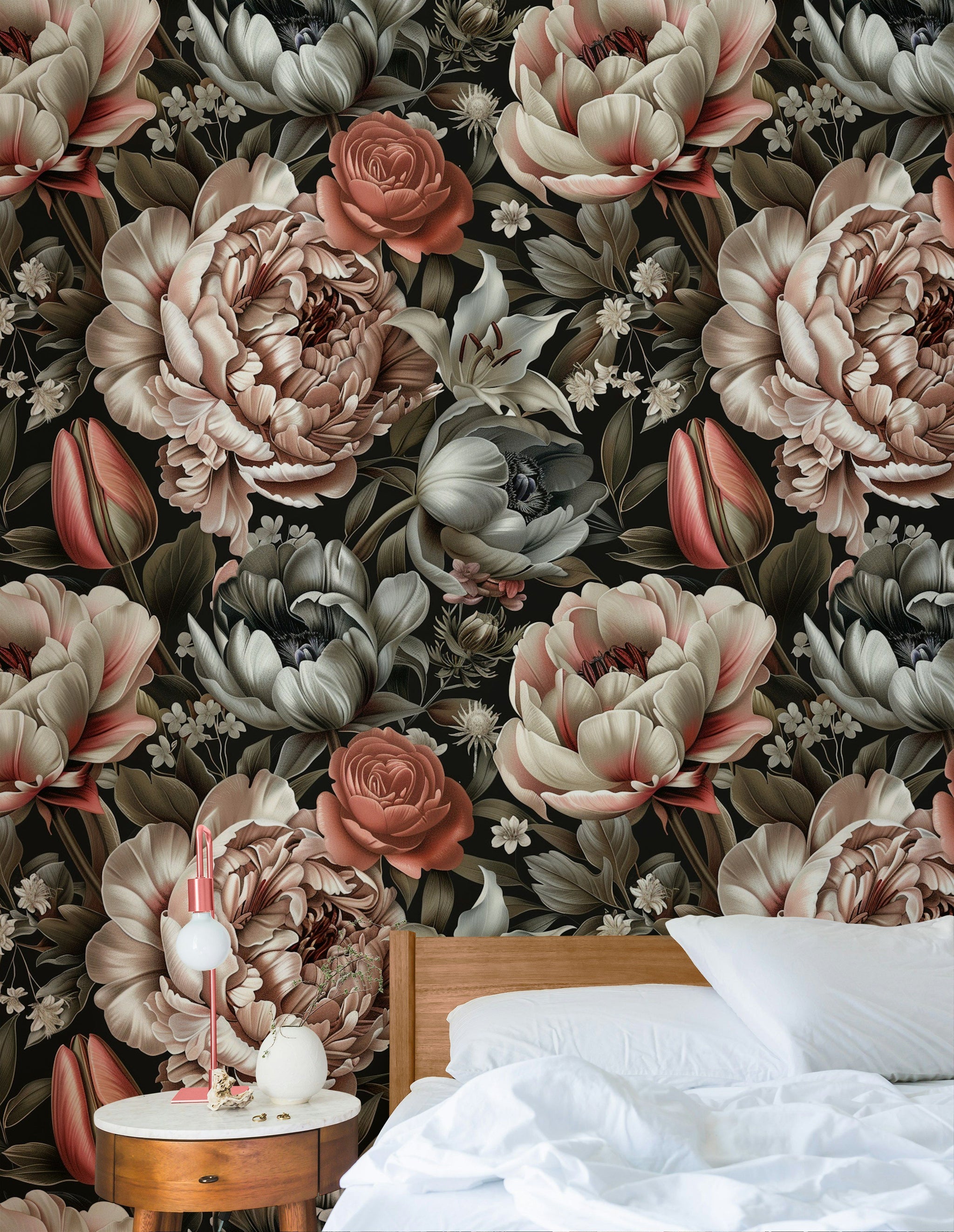 Black Background Blush Peony Floral Wallpaper