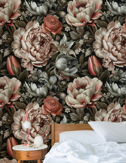 Black Background Blush Peony Floral Wallpaper