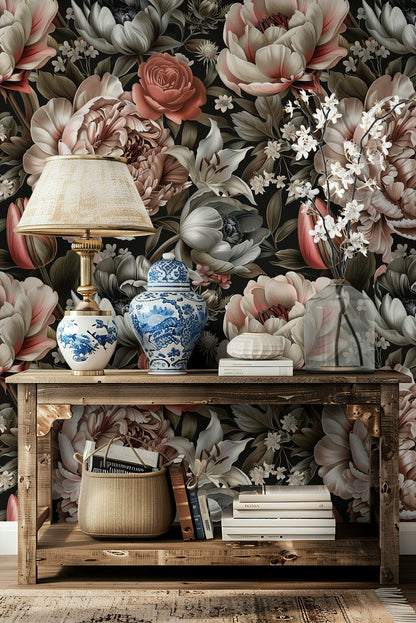 Black Background Blush Peony Floral Wallpaper
