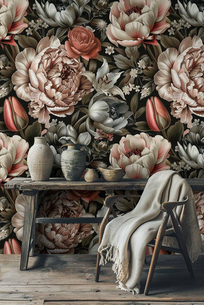 Black Background Blush Peony Floral Wallpaper