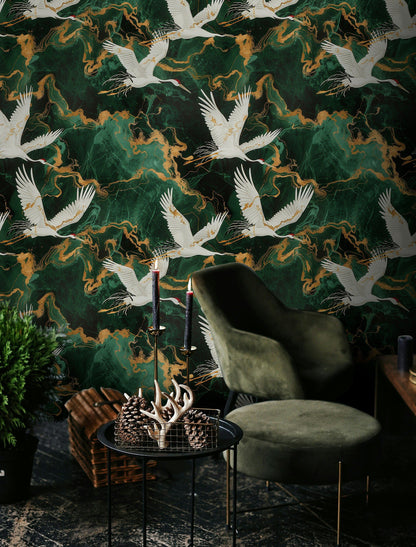 Emerald Green Flying Crane Luxury Wallpaper