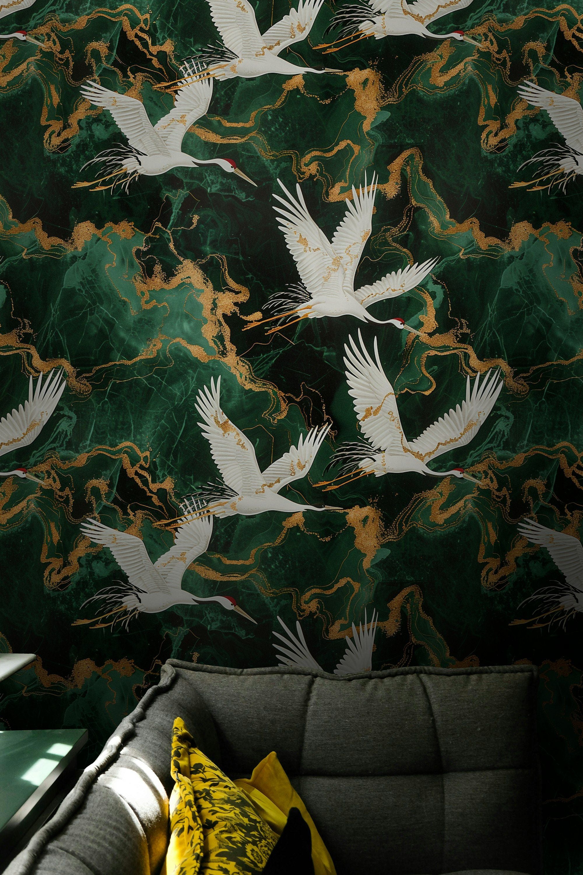 Emerald Green Flying Crane Luxury Wallpaper