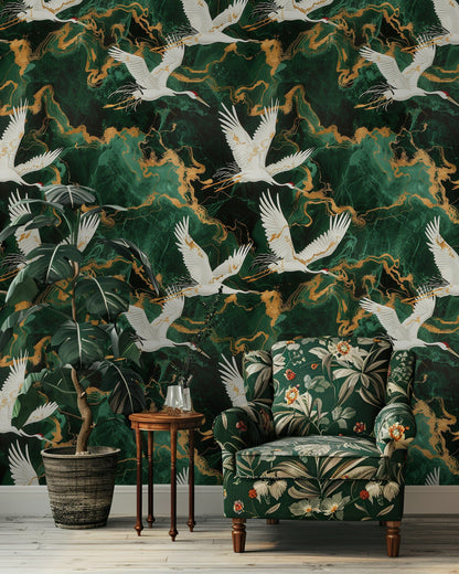 Emerald Green Flying Crane Luxury Wallpaper