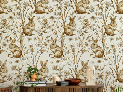 Beige and Brown Rabbit Botanical Wallpaper