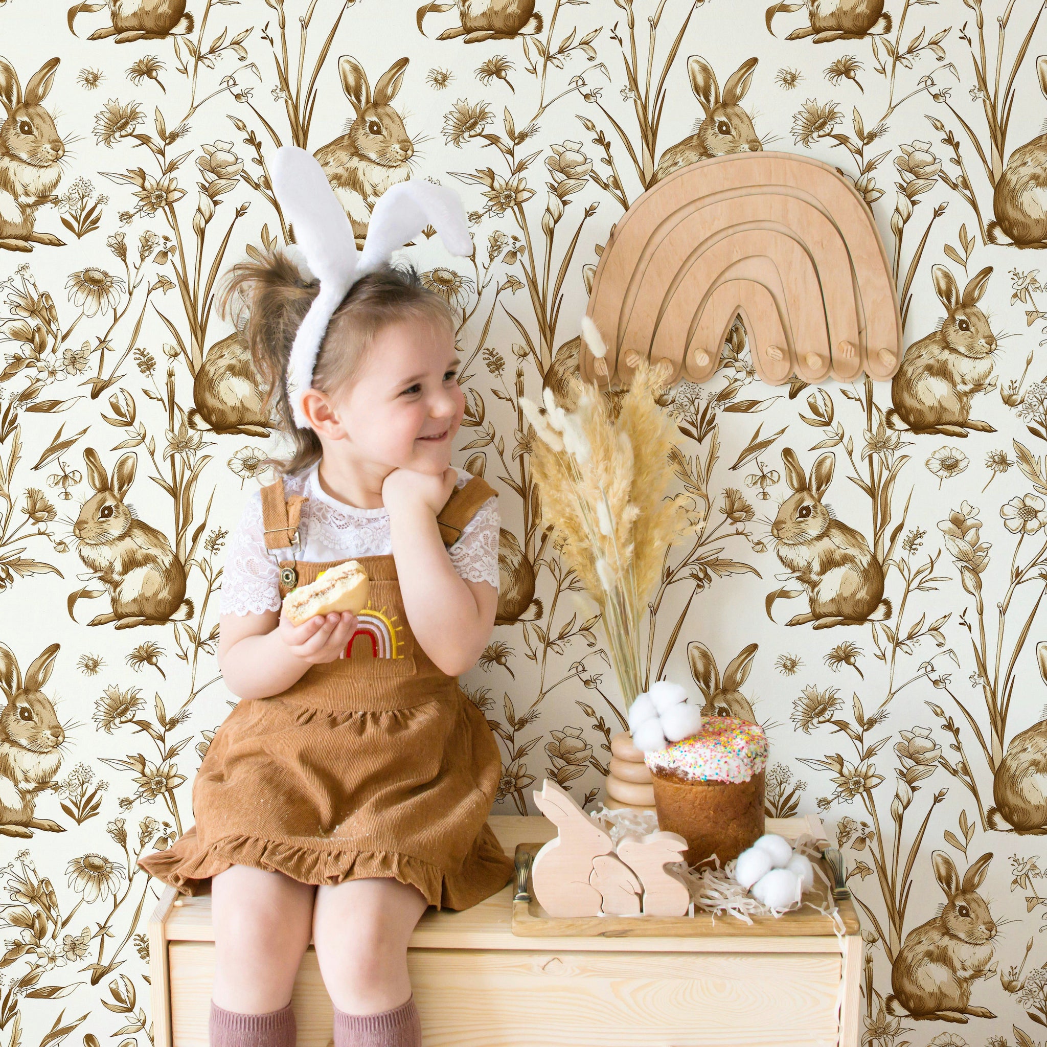 Beige and Brown Rabbit Botanical Wallpaper