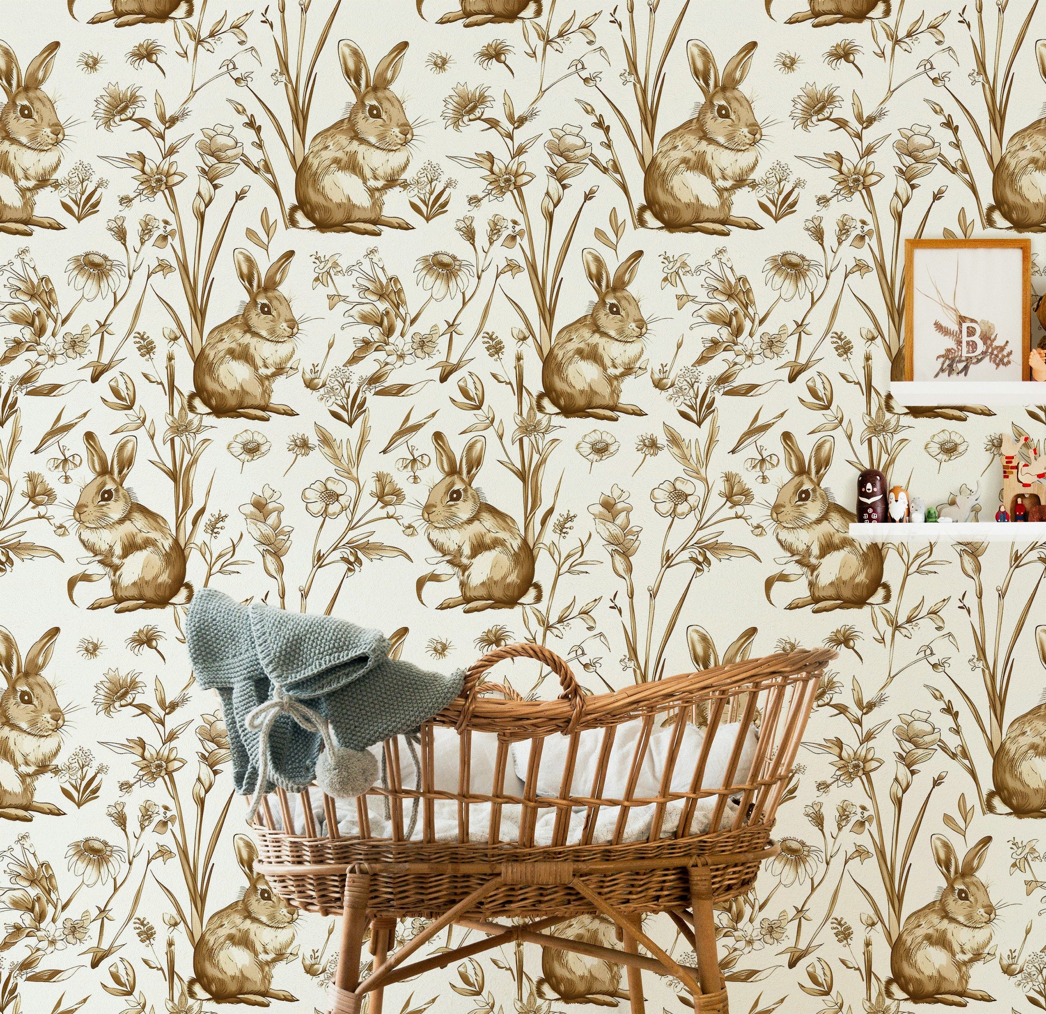 Beige and Brown Rabbit Botanical Wallpaper