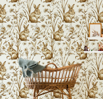 Beige and Brown Rabbit Botanical Wallpaper