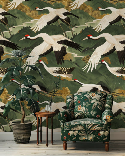 Emerald Green Japanese Crane Wallpaper