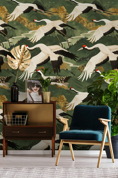 Emerald Green Japanese Crane Wallpaper