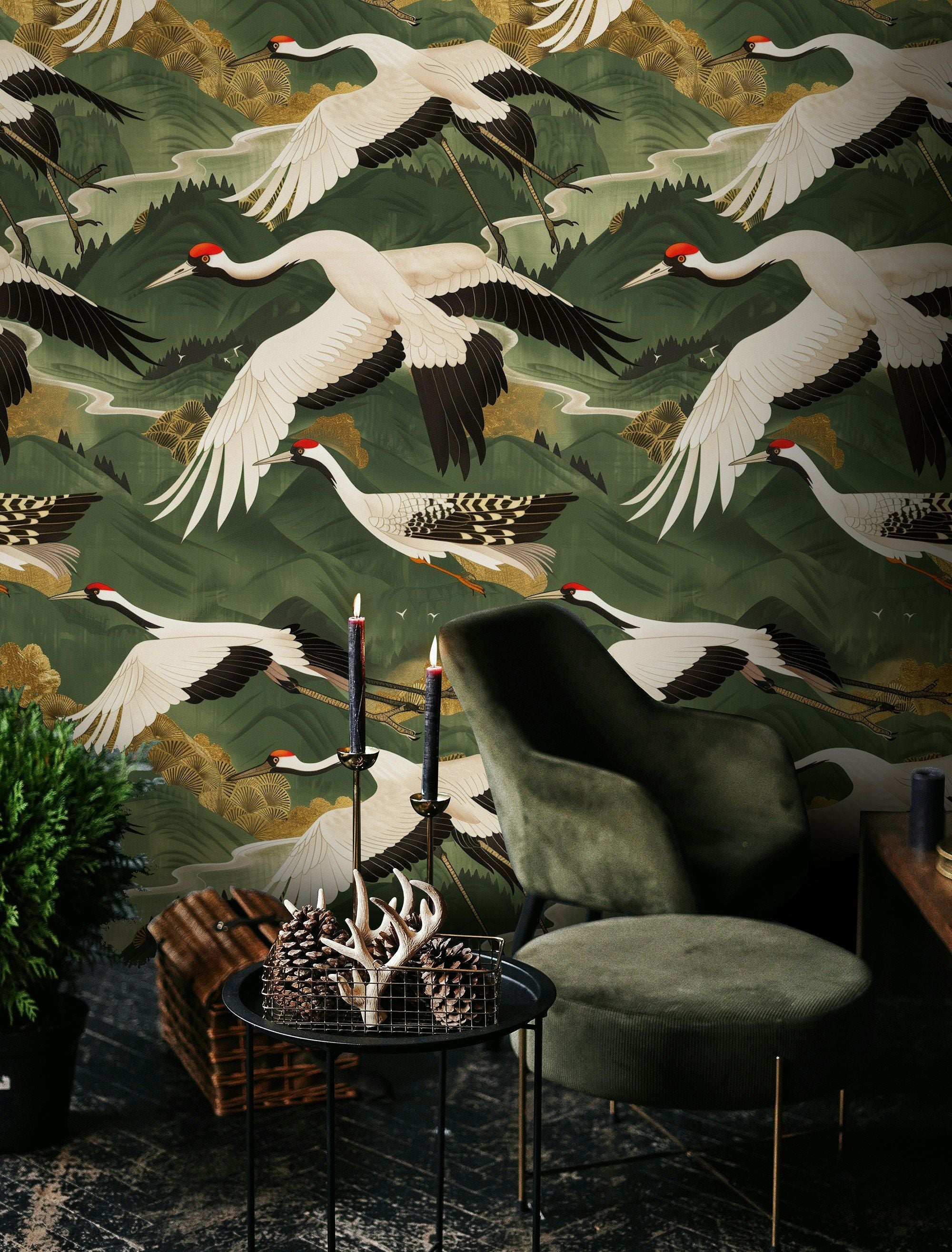 Emerald Green Japanese Crane Wallpaper