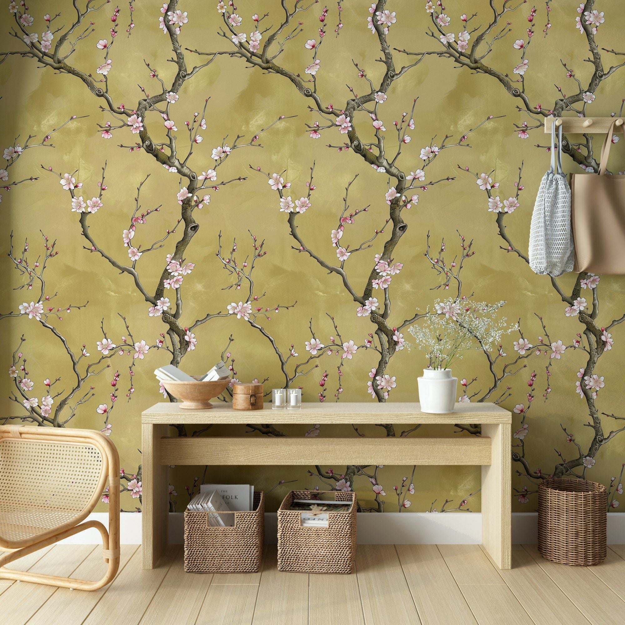 Olive Green Cherry Blossom Floral Wallpaper