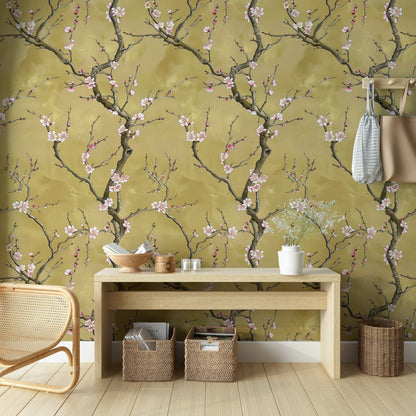 Olive Green Cherry Blossom Floral Wallpaper