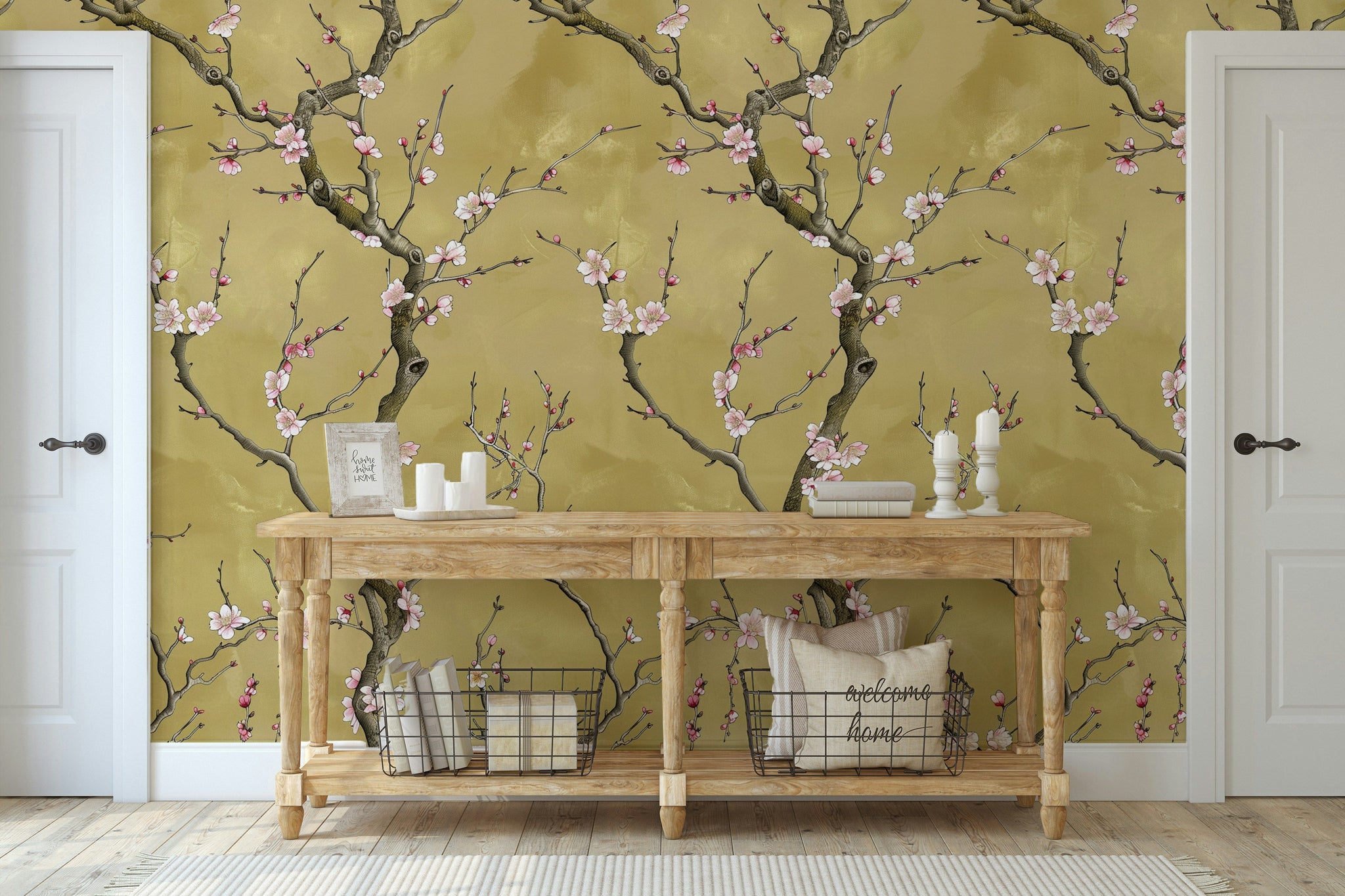 Olive Green Cherry Blossom Floral Wallpaper