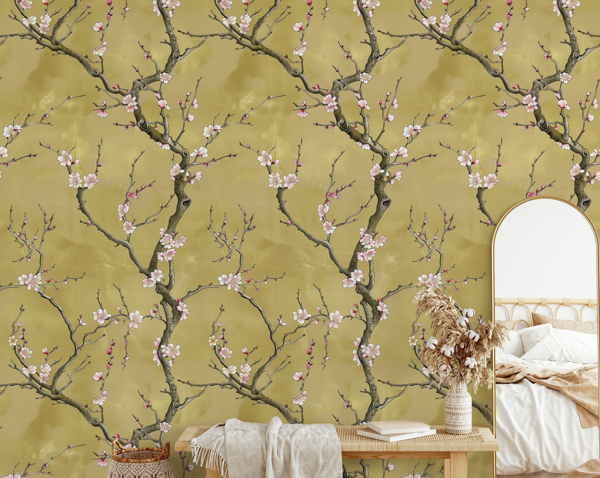 Olive Green Cherry Blossom Floral Wallpaper