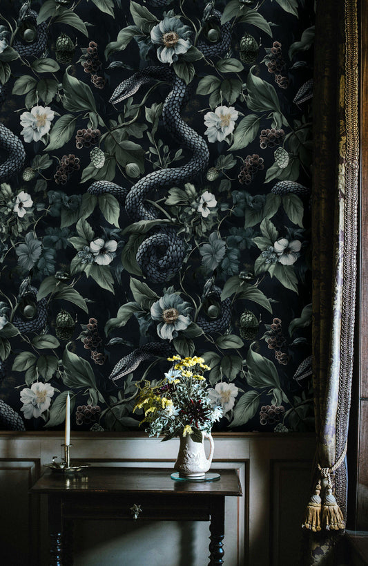 Dark Botanical Wildflower and Snake Pattern Wallpaper