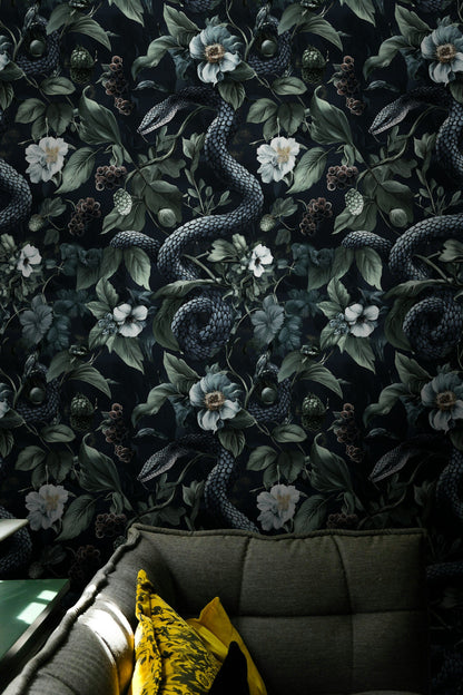 Dark Botanical Wildflower and Snake Pattern Wallpaper