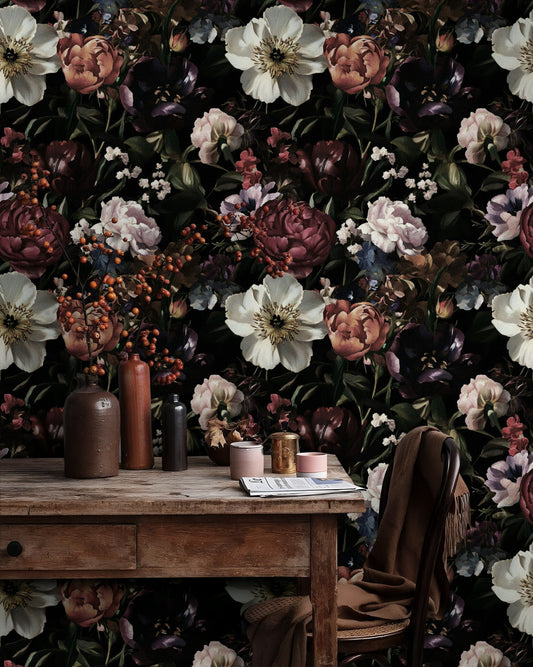 Vintage Floral Wallpaper  Dark Tones Romantic Flower Pattern