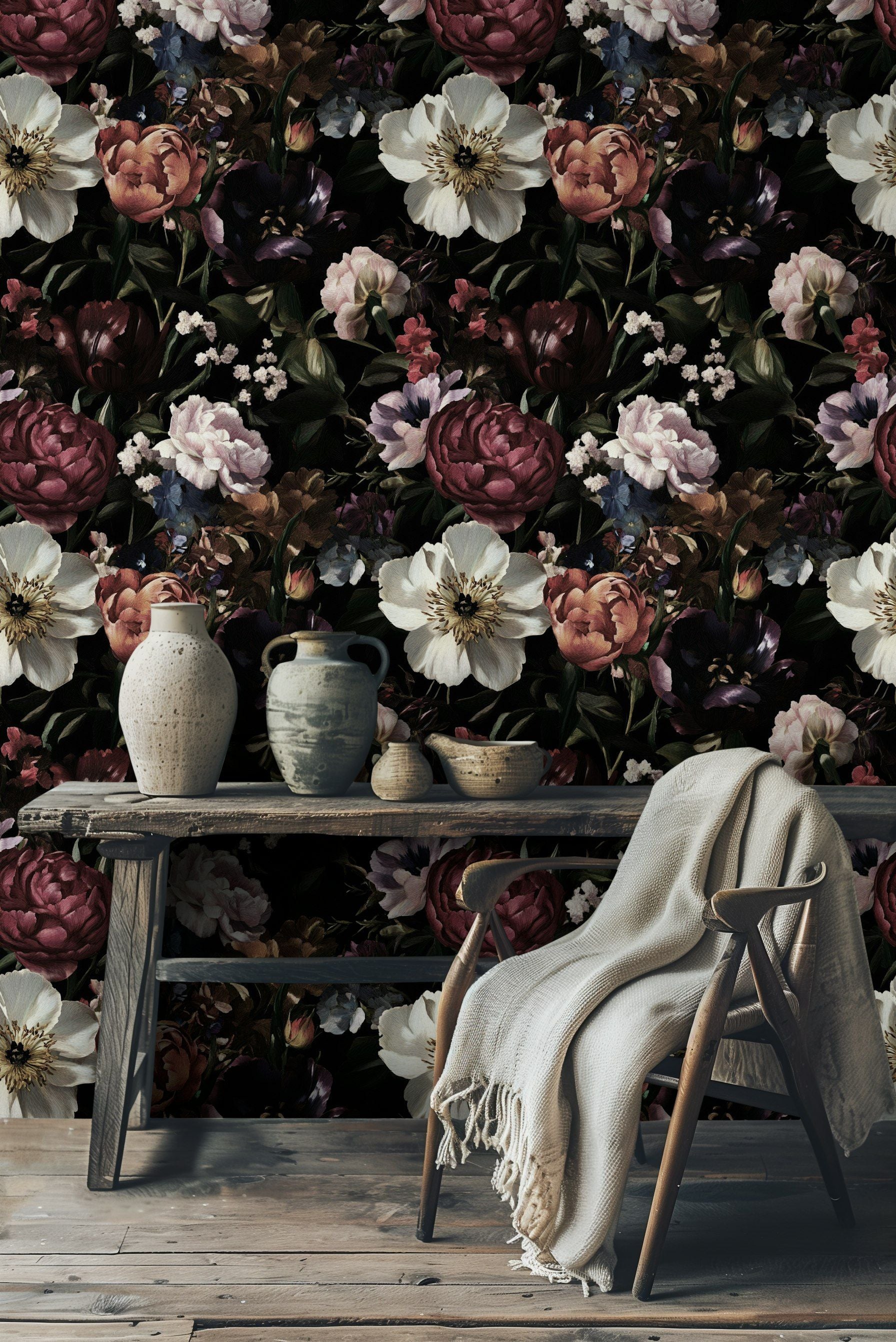 Dark Burgundy Bloom Floral Wallpaper