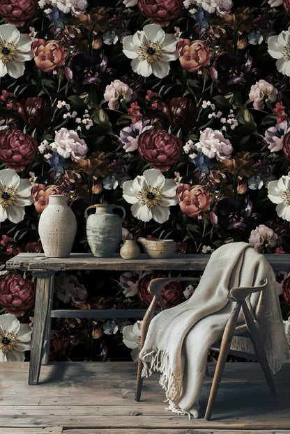 Dark Burgundy Bloom Floral Wallpaper