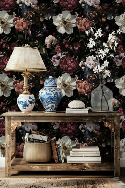 Dark Burgundy Bloom Floral Wallpaper