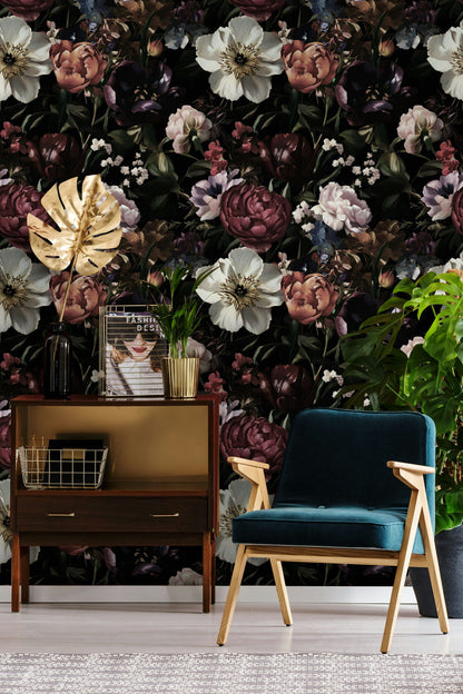 Dark Burgundy Bloom Floral Wallpaper