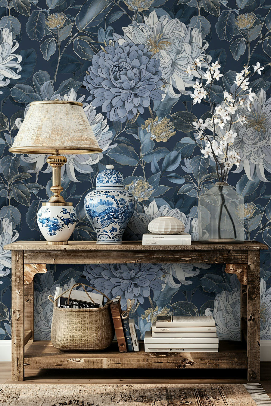 Midnight Blue Large Floral Wallpaper