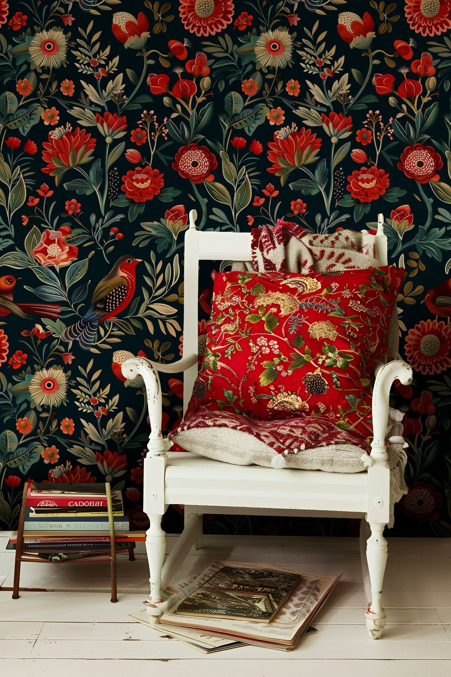 Vibrant Red and Black Floral Wallpaper Green Tones Roll