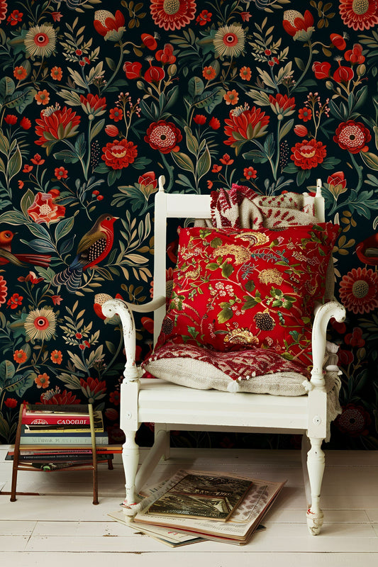 Vibrant Red and Black Floral Wallpaper Green Tones Roll