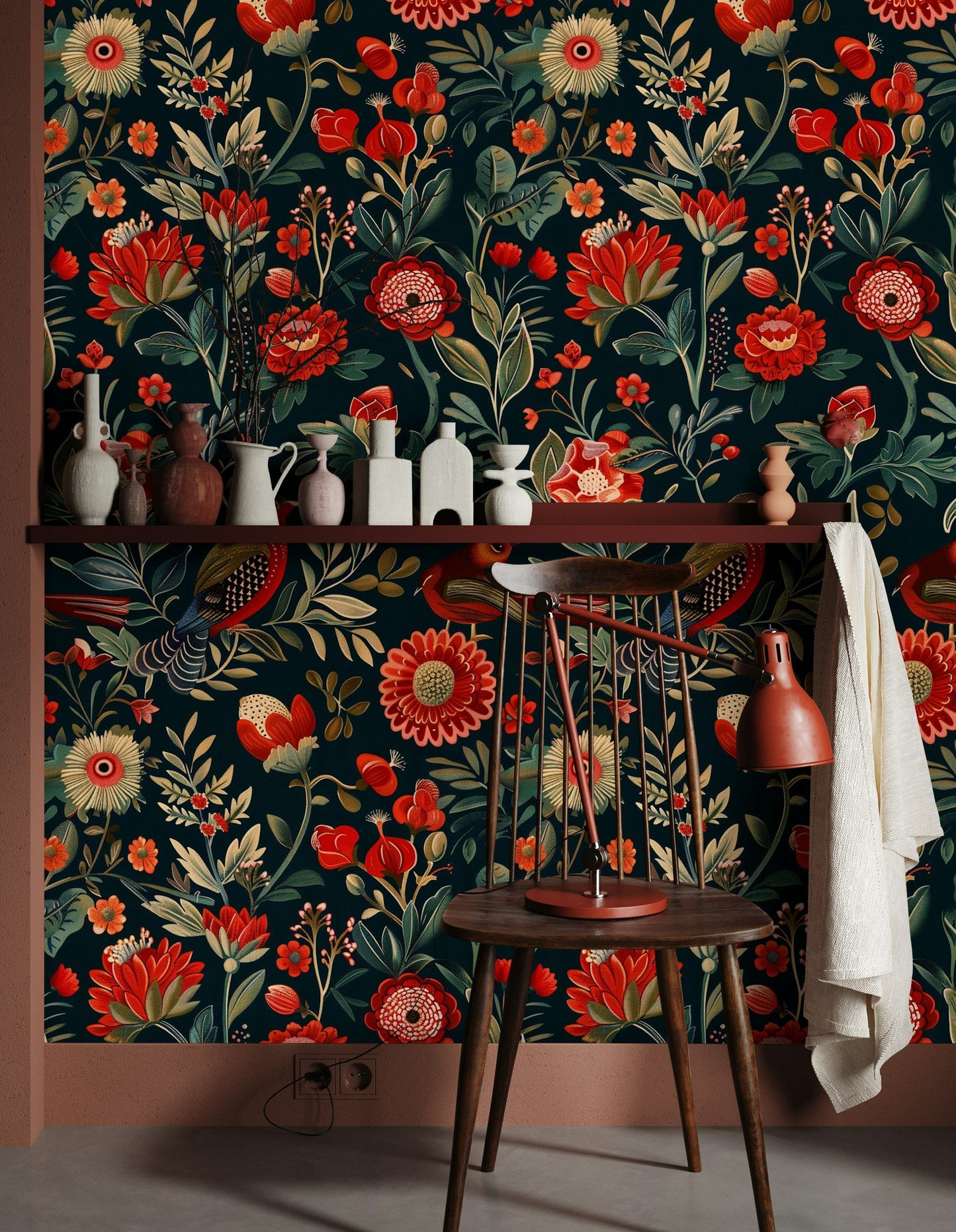 Vibrant Red and Black Floral Wallpaper Green Tones Roll
