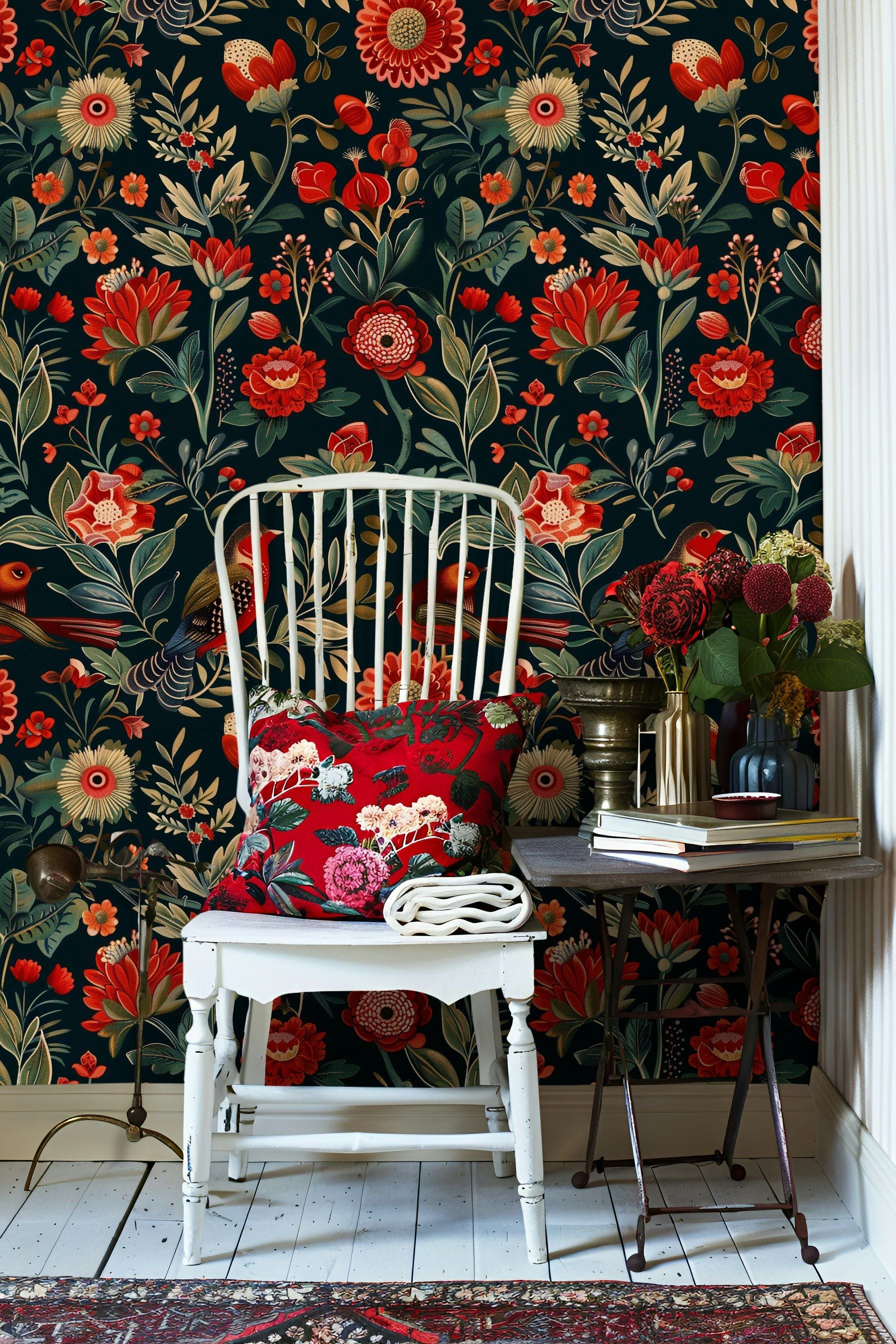 Deep Black Vibrant Floral and Bird Wallpaper