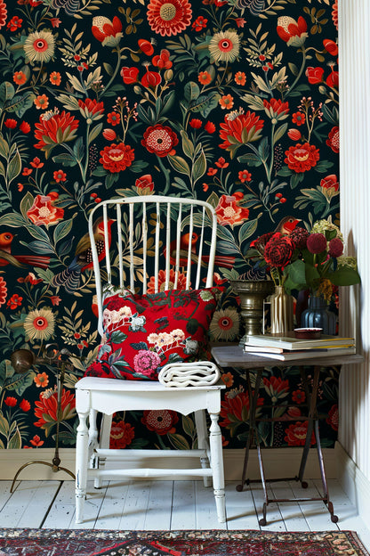 Deep Black Vibrant Floral and Bird Wallpaper