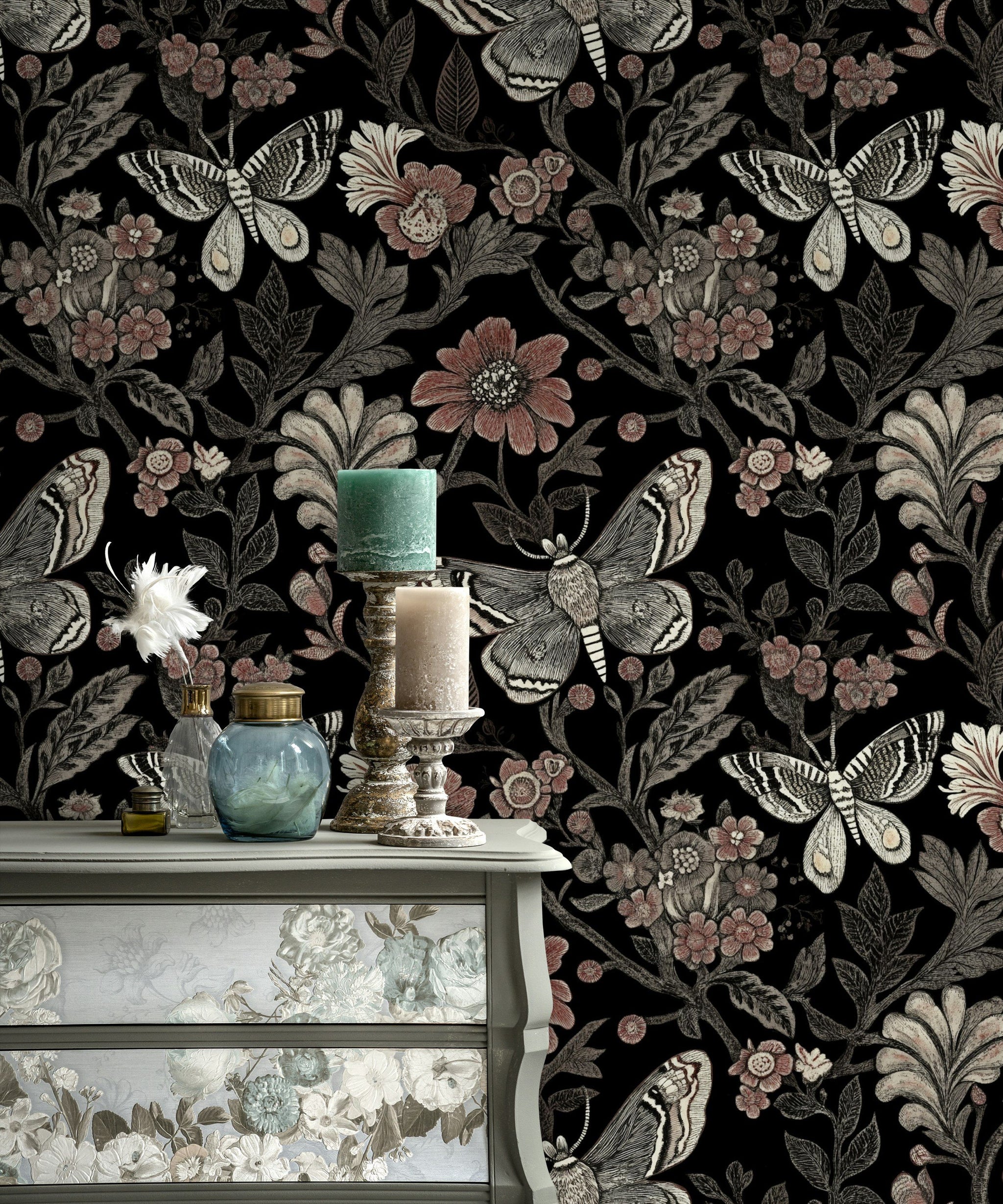 Black and Blush Butterfly Floral Wallpaper