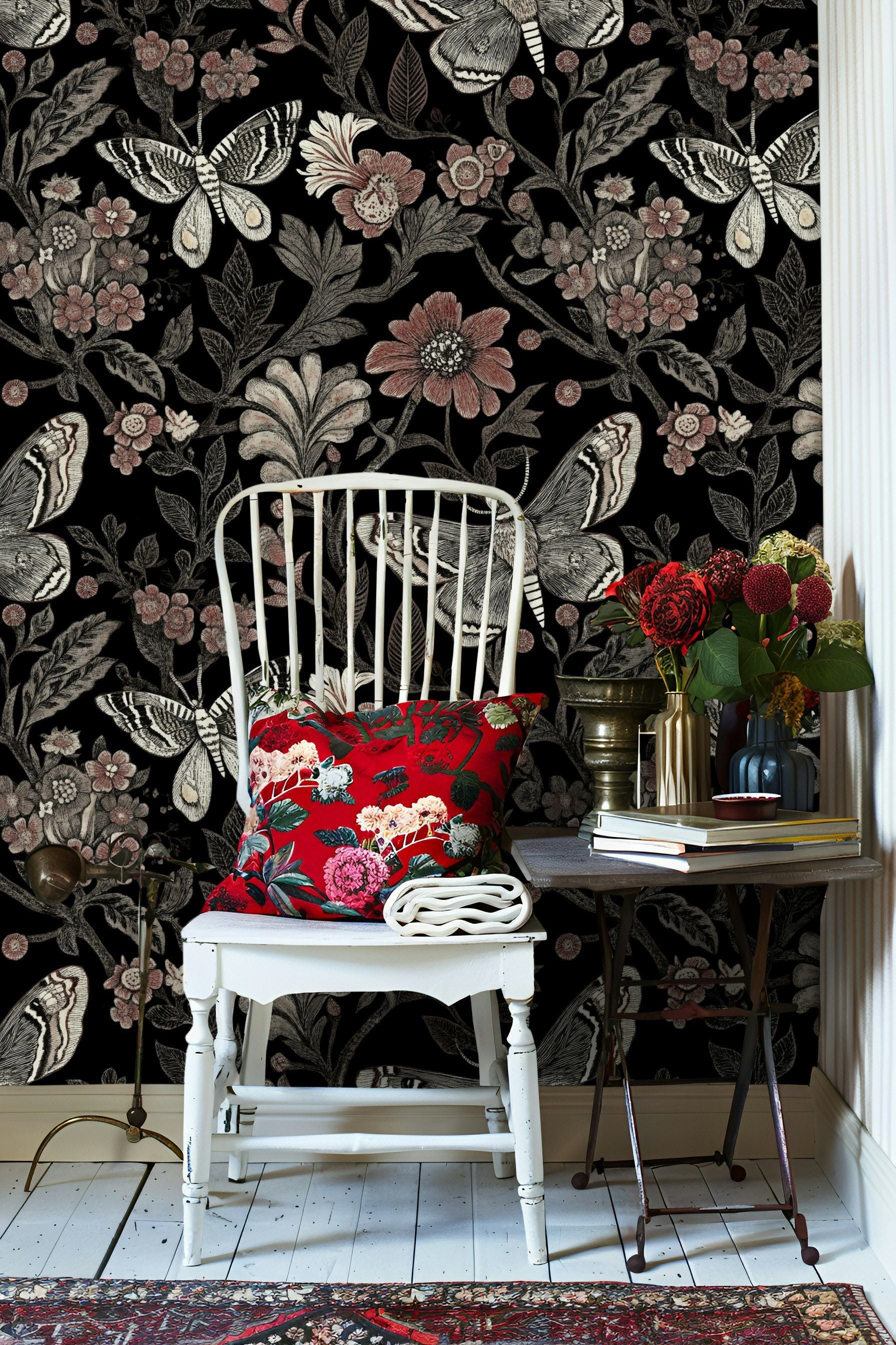 Black and Blush Butterfly Floral Wallpaper