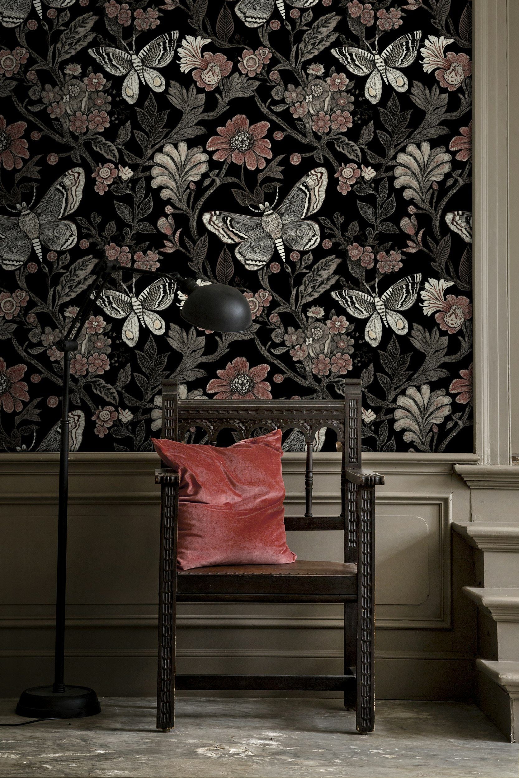 Black and Blush Butterfly Floral Wallpaper