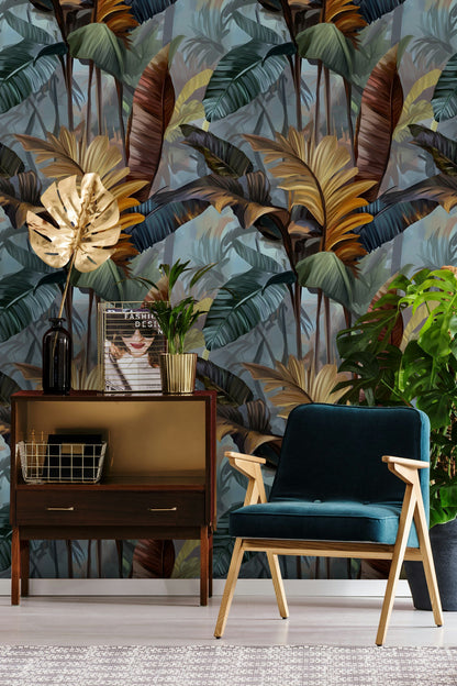 Moody Blue and Brown Tropical Leaf Wallpaper