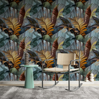 Moody Blue and Brown Tropical Leaf Wallpaper
