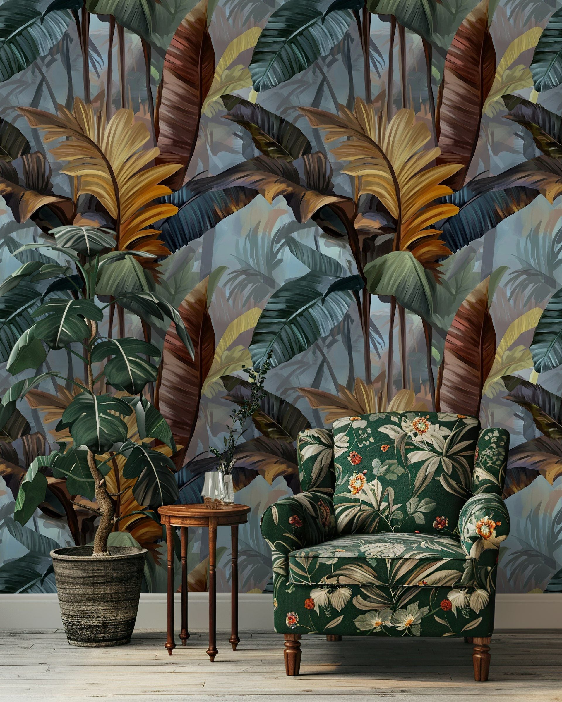 Moody Blue and Brown Tropical Leaf Wallpaper
