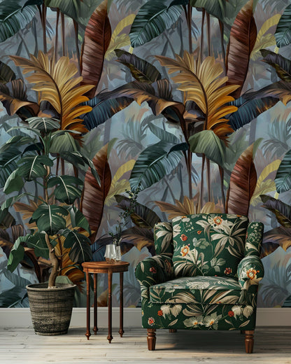Moody Blue and Brown Tropical Leaf Wallpaper