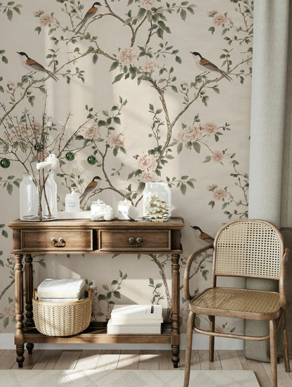 Cream Background Bird and Blossom Botanical Wallpaper