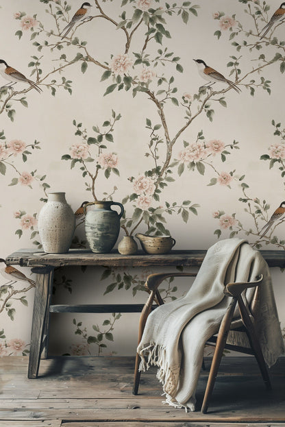 Cream Background Bird and Blossom Botanical Wallpaper