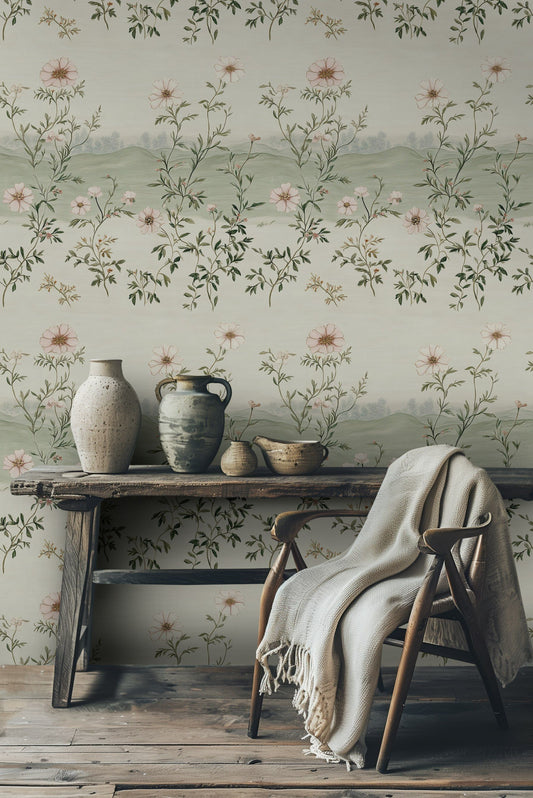 Vintage Floral Landscape Pattern Wallpaper