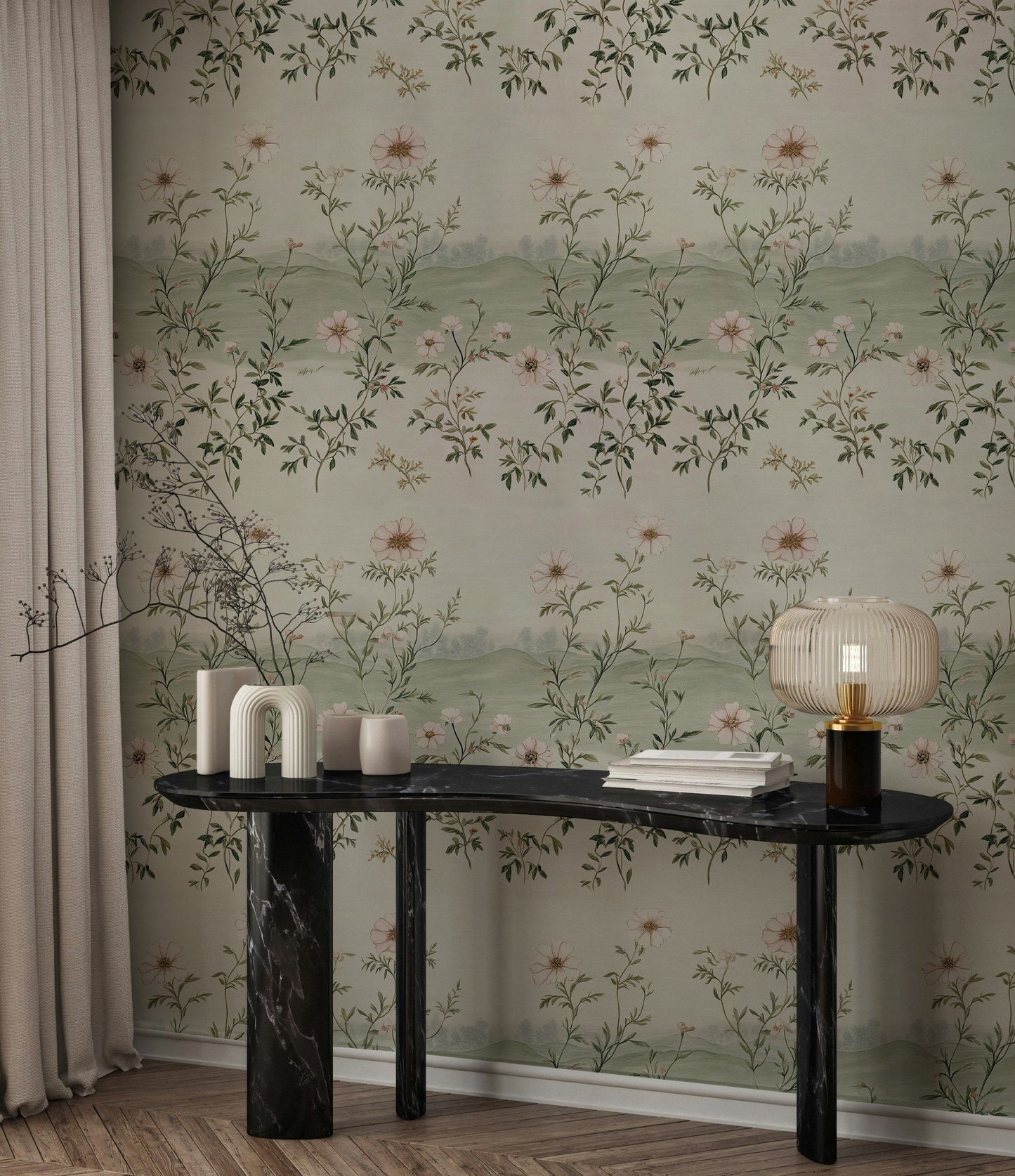Vintage Floral Landscape Pattern Wallpaper