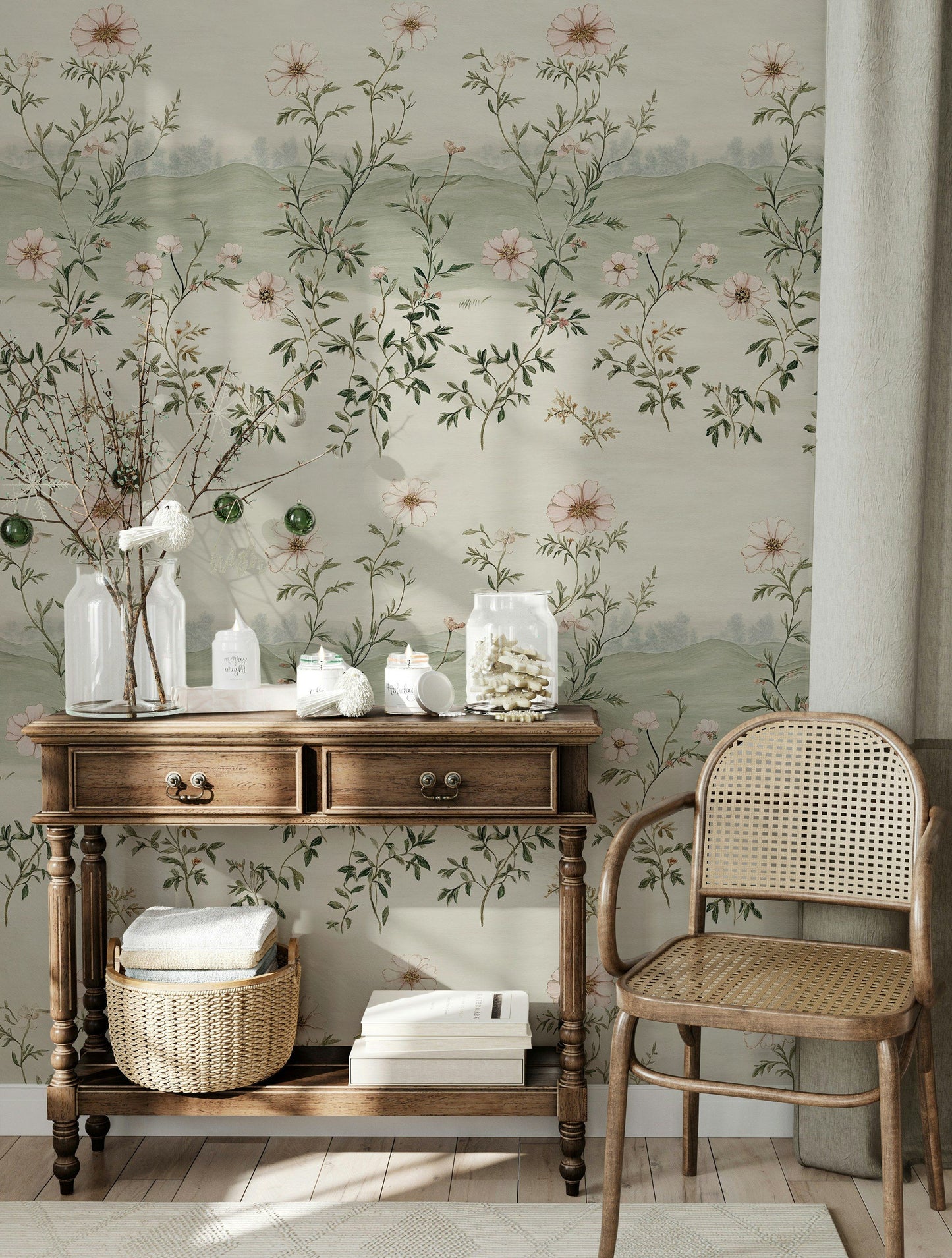 Vintage Floral Landscape Pattern Wallpaper