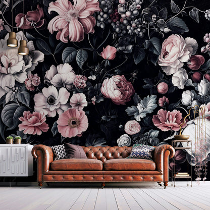 Dark Black Romantic Floral Bouquet Wall Mural