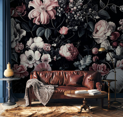 Dark Black Romantic Floral Bouquet Wall Mural