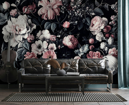 Dark Black Romantic Floral Bouquet Wall Mural